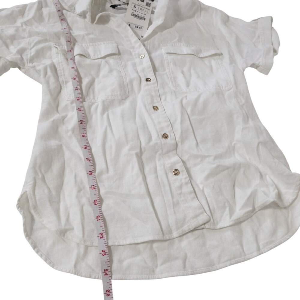 Zara White Button Down Short Sleeve Top SZ S Gold Buttons Front Pockets - Picture 8 of 11